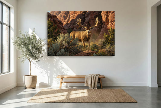 gallery wrapped canvas wildlife wall art of a historic buck of justice mule deer hard horned