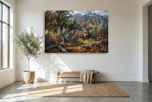 Gallery wrapped canvas wildlife wall art of the historic Idaho Dayle Sanderson buck mule deer