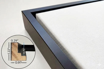 Close-up of a picture a black floating framed canvas with measurement details on a white background