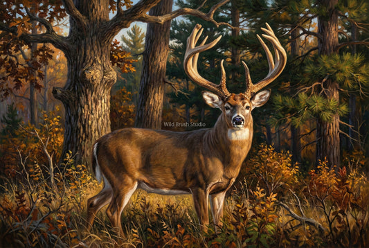 Whitetail Deer with large antlers in a forest setting
