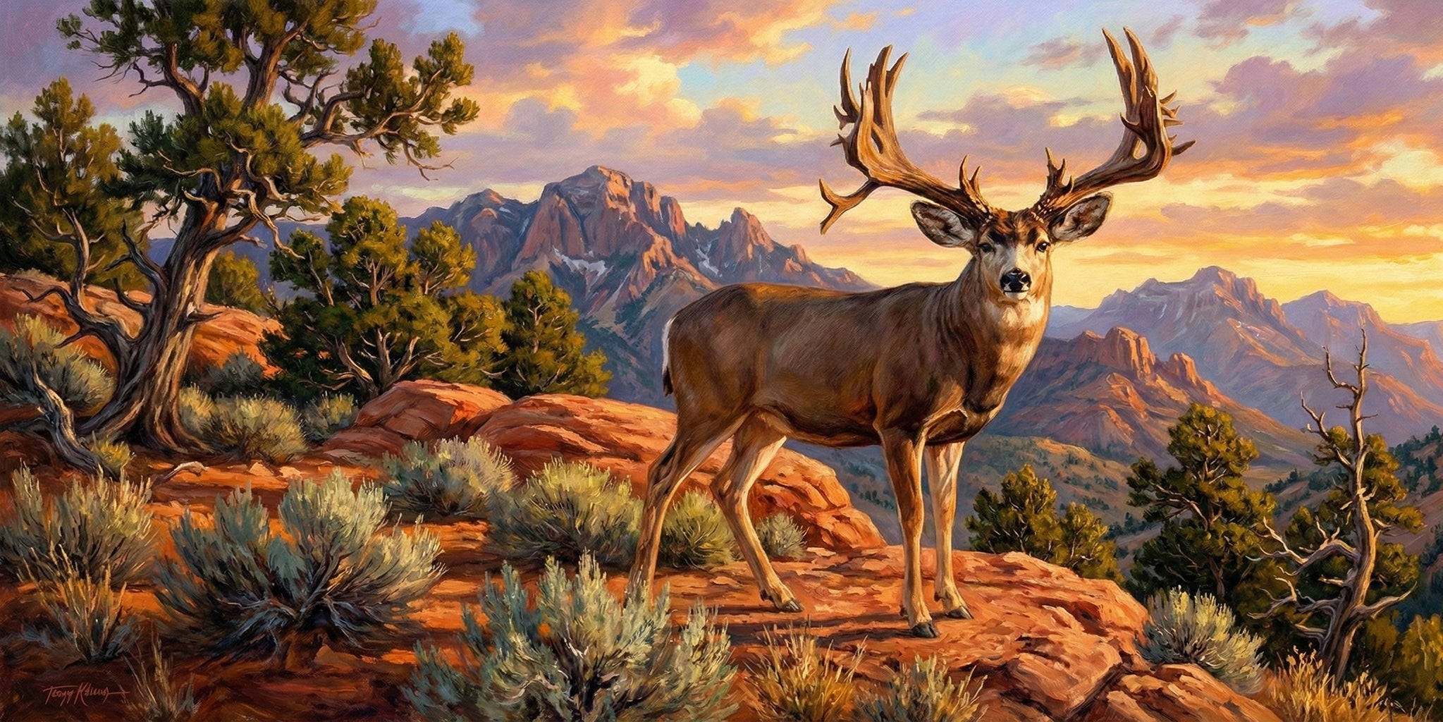 mule deer standing on a rocky landscape with mountains and a sunset sky