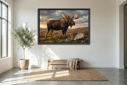 black floating framed canvas print featuring an alaskan moose in the tundra