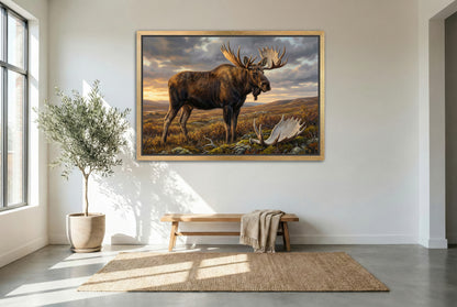 gold floating framed canvas trophy room art of an alaskan moose in the tundra