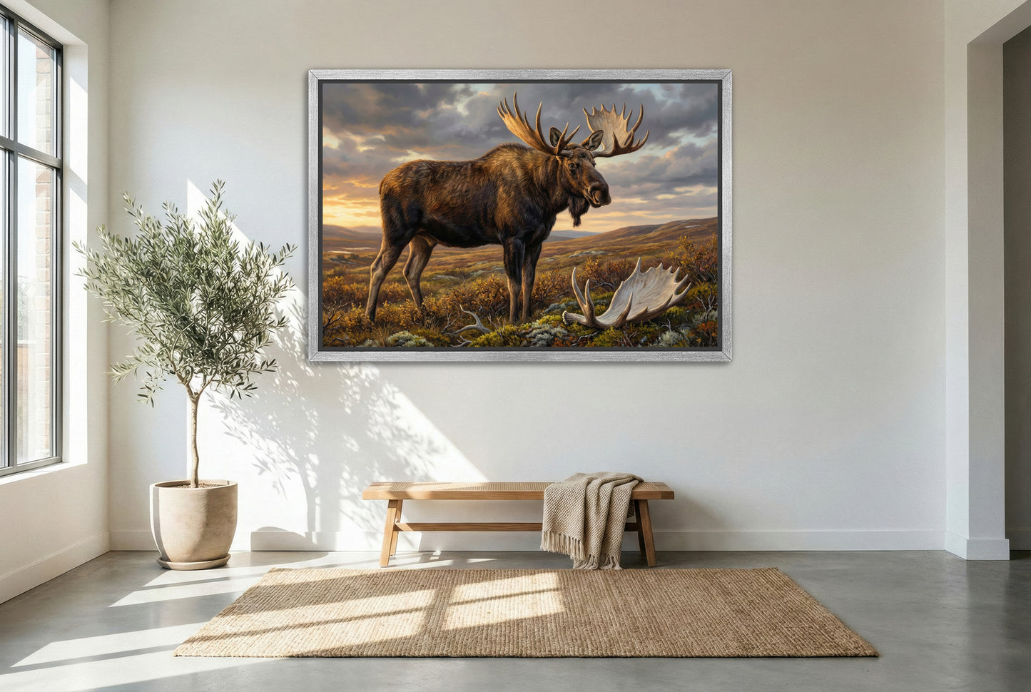 silver floating framed canvas big game artwork of an alaskan moose in the tundra