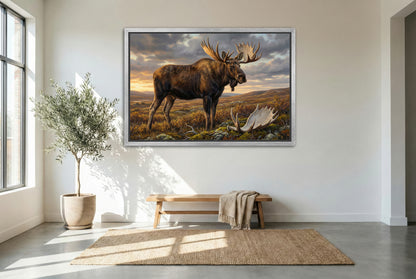 silver floating framed canvas big game artwork of an alaskan moose in the tundra
