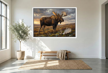 white floating framed canvas art of an alaskan moose in the tundra for modern hunting home decor