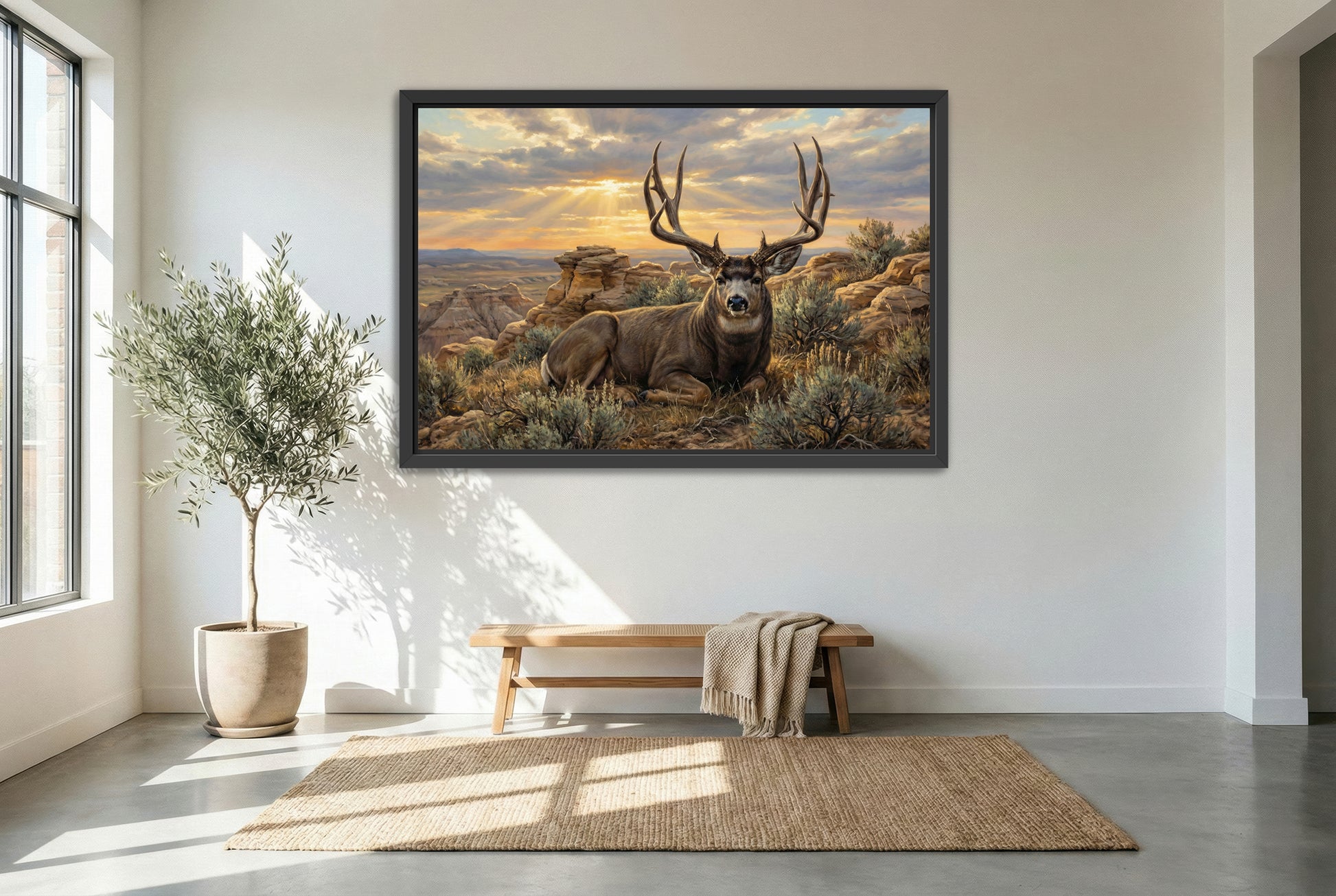 black floating framed canvas print featuring a badlands mule deer bedded on a rimrock ledge