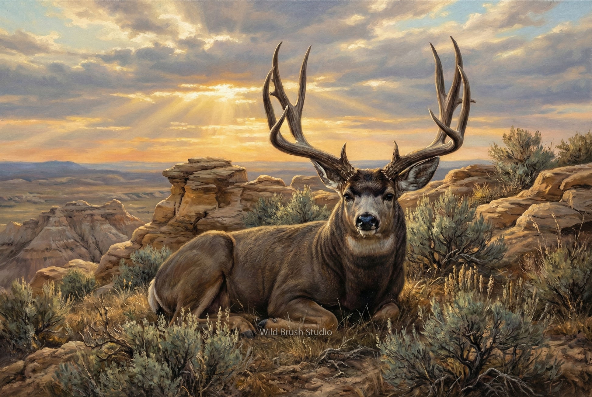 badlands mule deer bedded on a rimrock ledge oil painting paper art print