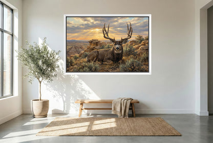 white floating framed canvas art of a badlands mule deer bedded on a rimrock ledge
