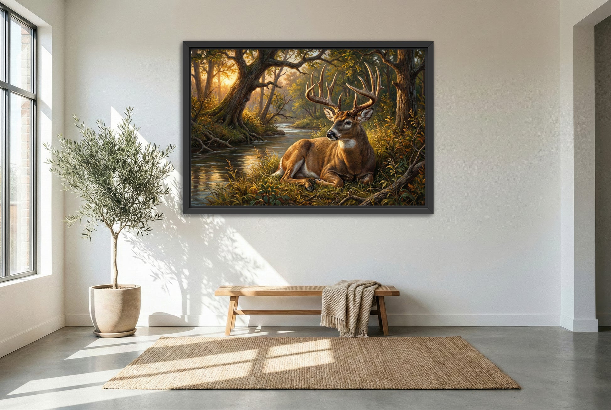 black floating framed canvas print featuring a bedded whitetail buck near the creekside timber