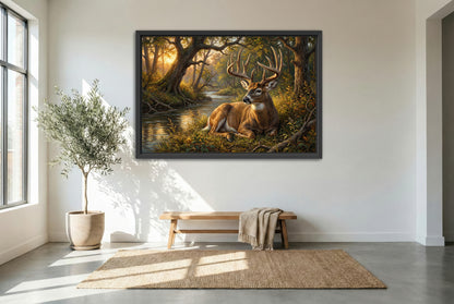 black floating framed canvas print featuring a bedded whitetail buck near the creekside timber