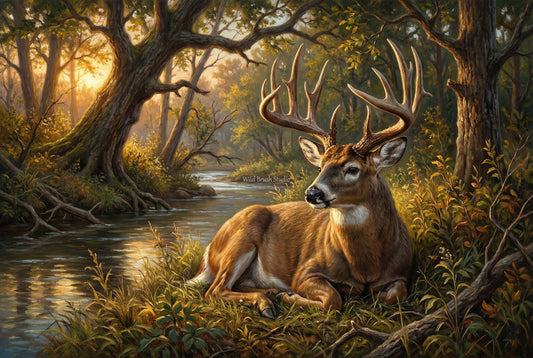 bedded whitetail buck near the creekside timber oil painting paper art print
