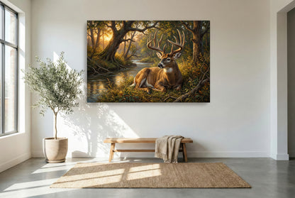 gallery wrapped canvas wildlife wall art of a bedded whitetail buck near the creekside timber