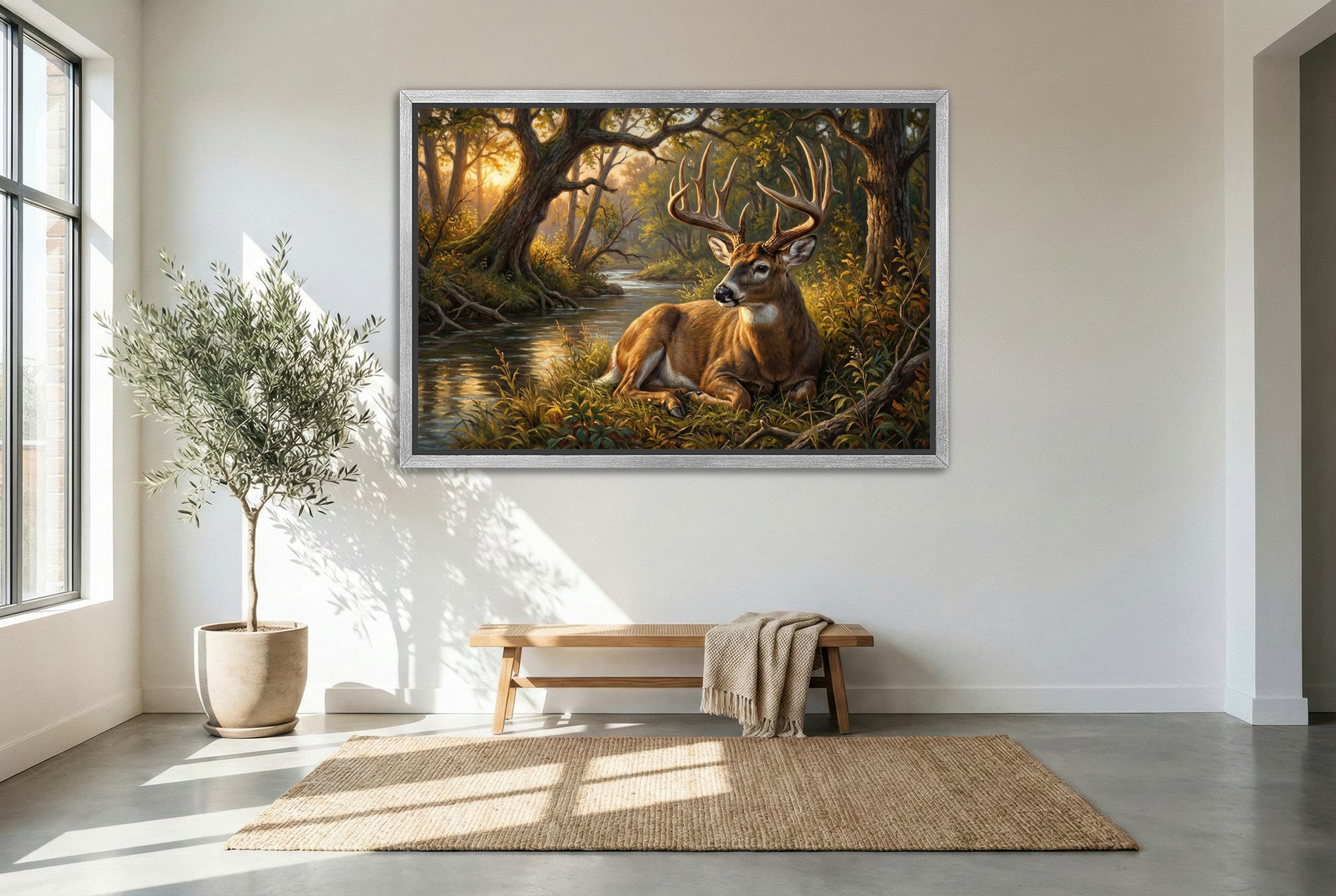 silver floating framed canvas big game artwork of a bedded whitetail buck near the creekside timber