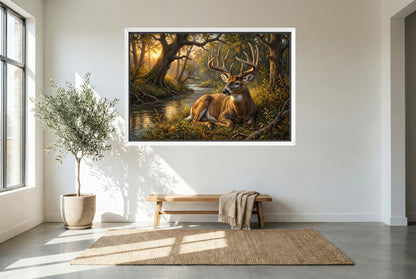 white floating framed canvas art of a bedded whitetail buck near the creekside timber