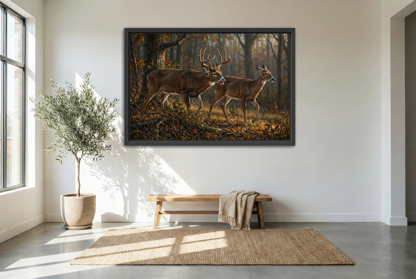 black floating framed canvas print featuring the best time of the year doevember whitetail deer rut oil painting paper art print