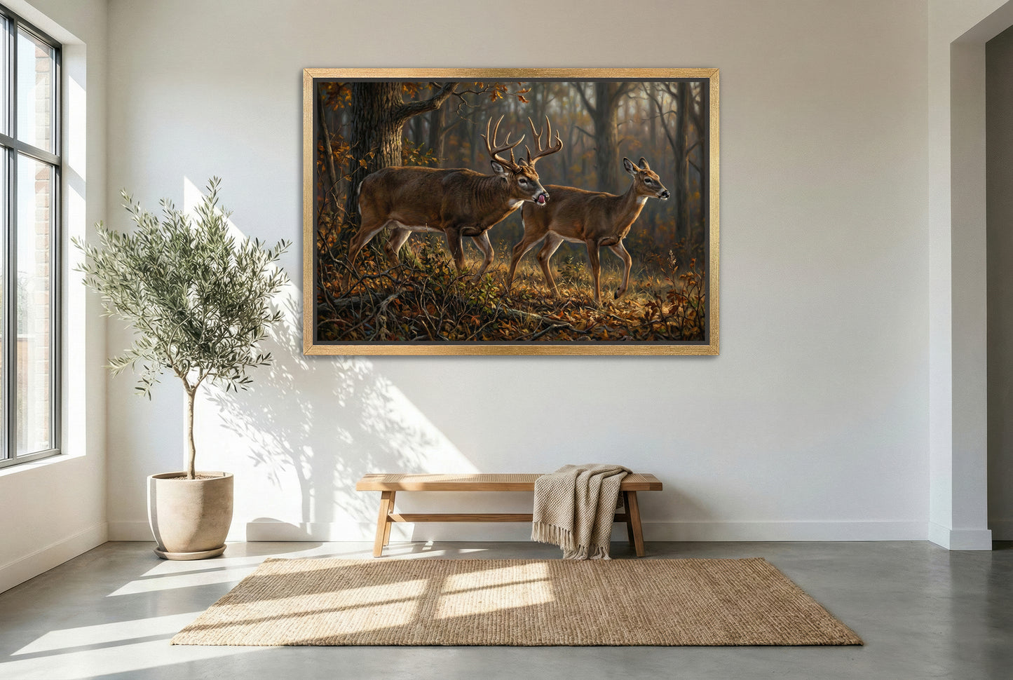 gold floating framed canvas trophy room art the best time of the year doevember whitetail deer rut oil painting paper art print