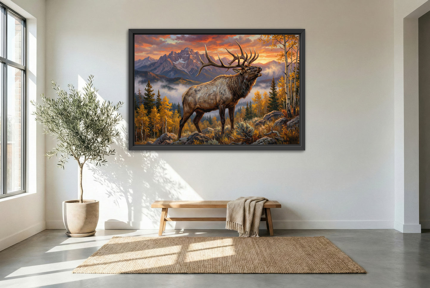 black floating framed canvas print featuring a full send bull elk bugle on a cold frosty morning
