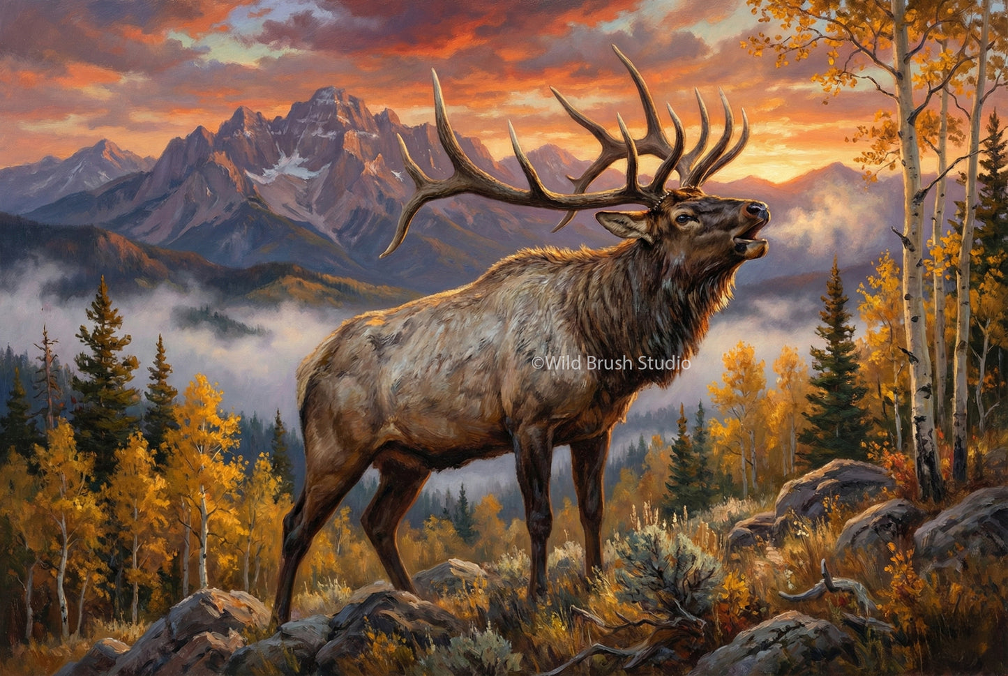 big bull elk high country roar elk bugle in the high country mountains oil painting paper art print