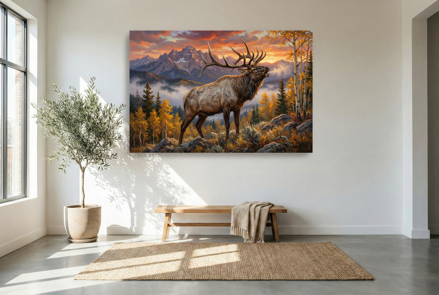 gallery wrapped canvas wildlife wall art of a big whitetail buck in a frosted field at first light