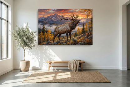 gallery wrapped canvas wildlife wall art of a big whitetail buck in a frosted field at first light