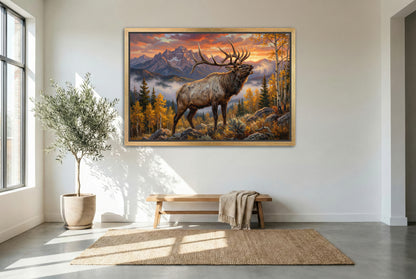 gold floating framed canvas trophy room art of a full send bull elk bugle on a cold frosty morning