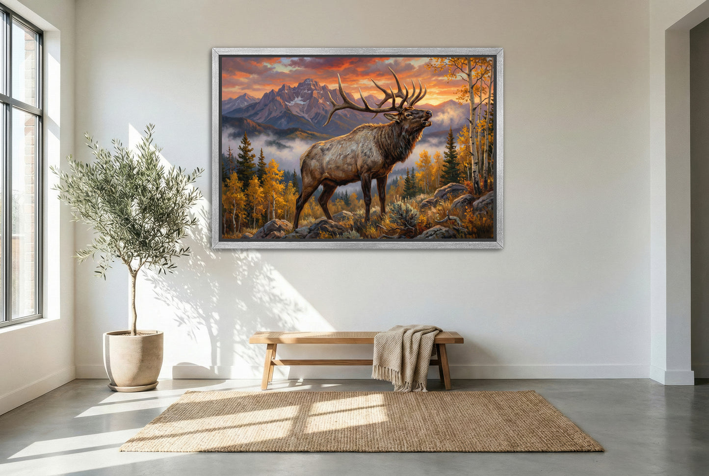 silver floating framed canvas big game artwork of a full send bull elk bugle on a cold frosty morning