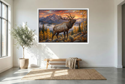 white floating framed canvas art of a full send bull elk bugle on a cold frosty morning
