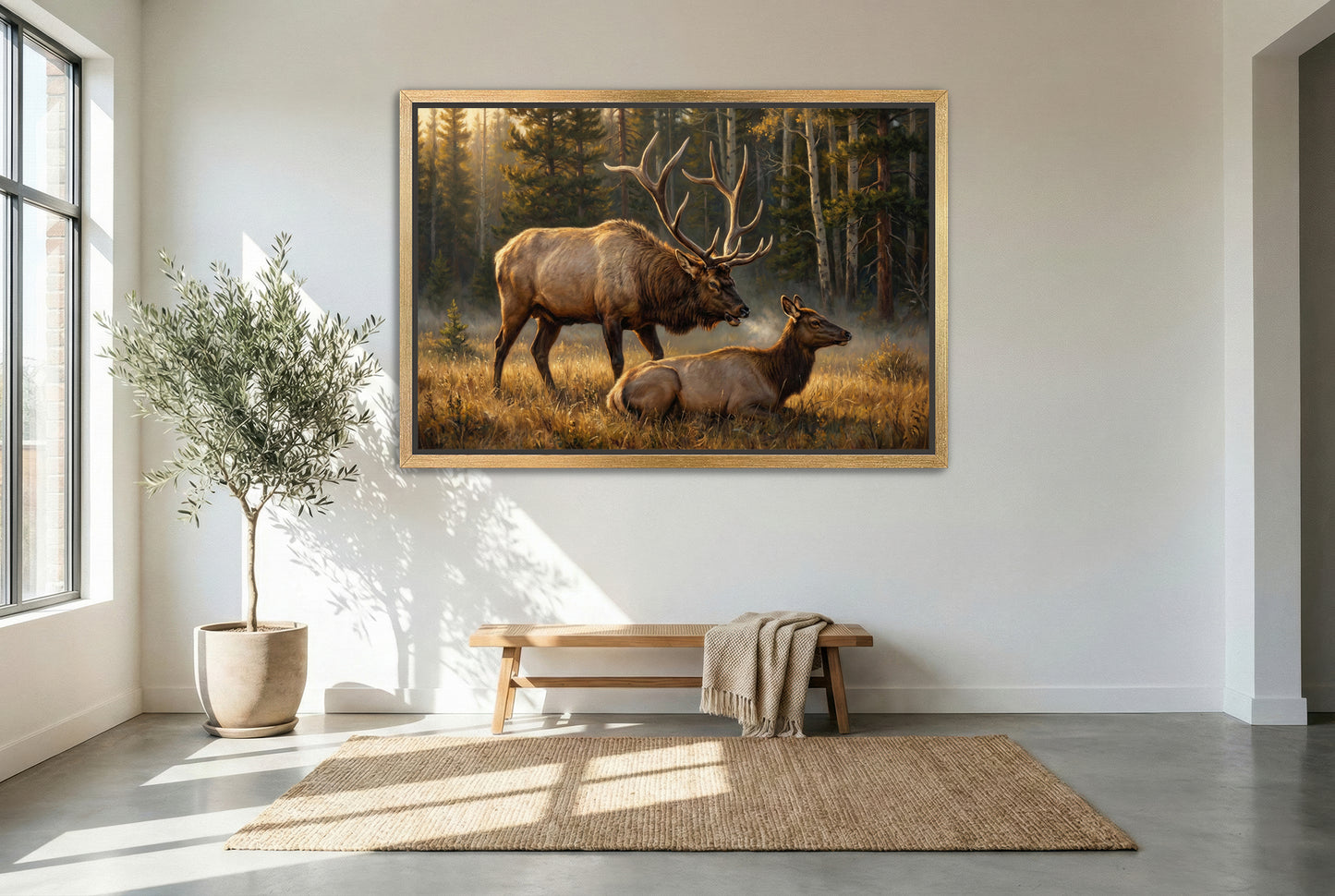 gold floating framed canvas trophy room art of a big bull elk keeping a watchful eye on his cow rut behavior