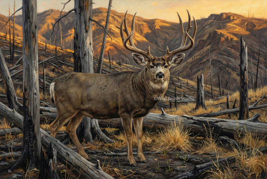 big cheater mule deer buck in the burn scar oil painting paper art print