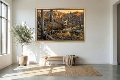 gold floating framed canvas trophy room art of a big cheater mule deer buck in the burn scar