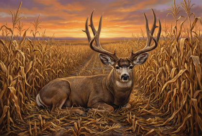 big mule deer buck bedded in the corn field oil painting paper art print