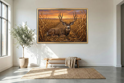 gold floating framed canvas trophy room art of a a big mule deer buck bedded in the corn field