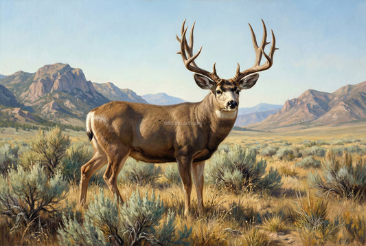 big mule deer bumped from his midday bed drainage move oil painting paper art print