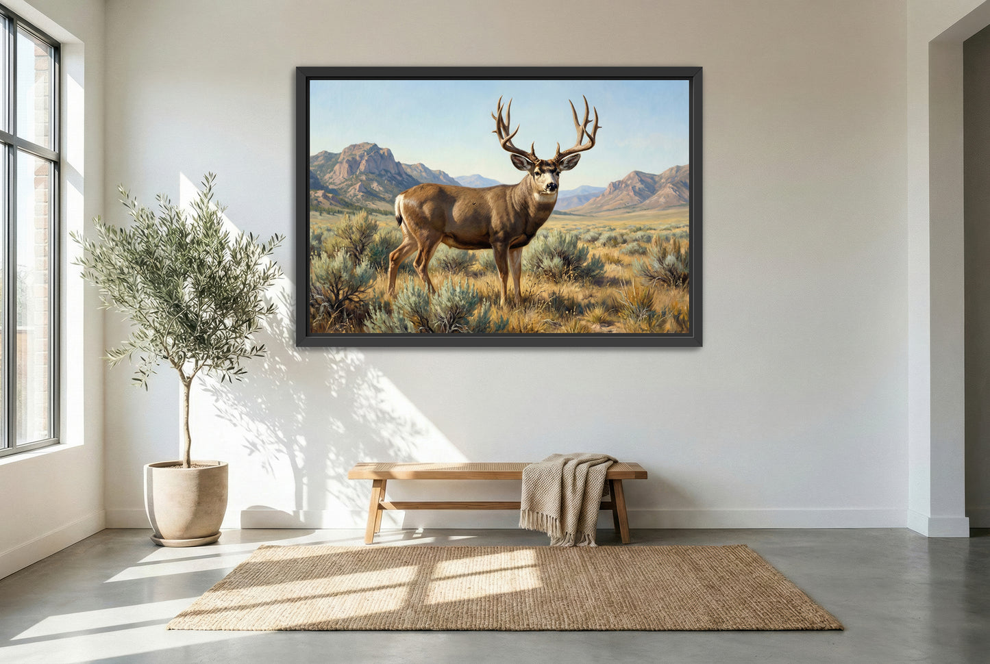 black floating framed canvas print featuring a big mule deer bumped from his midday bed drainage move