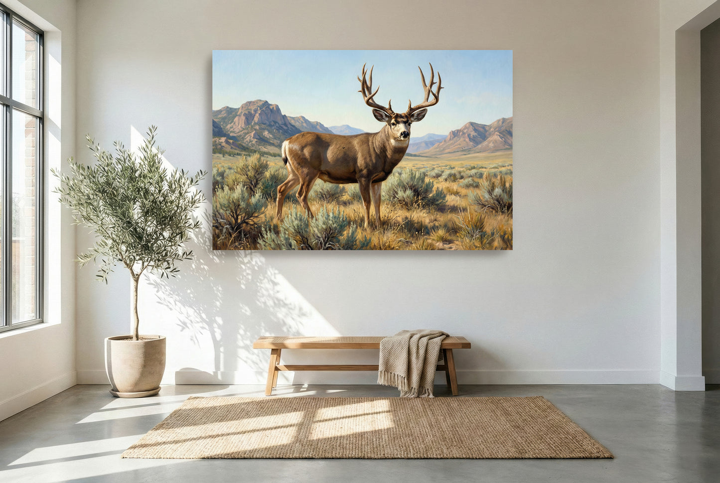 gallery wrapped canvas wildlife wall art of a big mule deer bumped from his midday bed drainage move