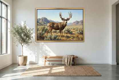 gold floating framed canvas trophy room art of a big mule deer bumped from his midday bed drainage move