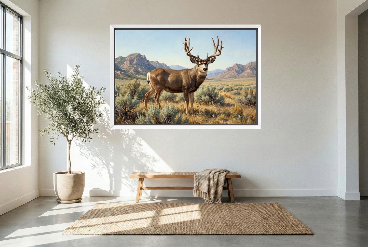 white floating framed canvas art of a big mule deer bumped from his midday bed drainage move