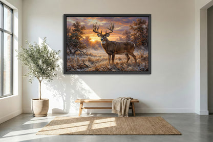 black floating framed canvas print featuring a big whitetail buck in a frosted field at first light