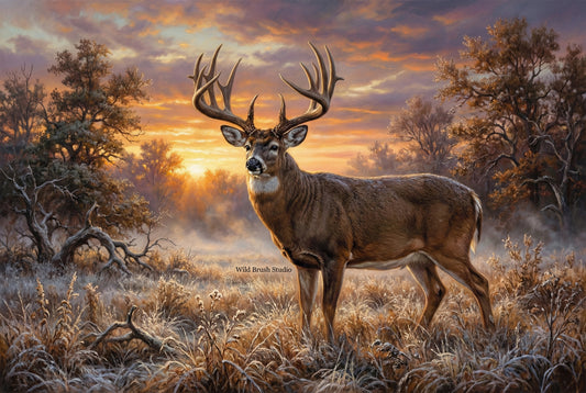 big whitetail buck in a frosted field at first light oil painting paper art print