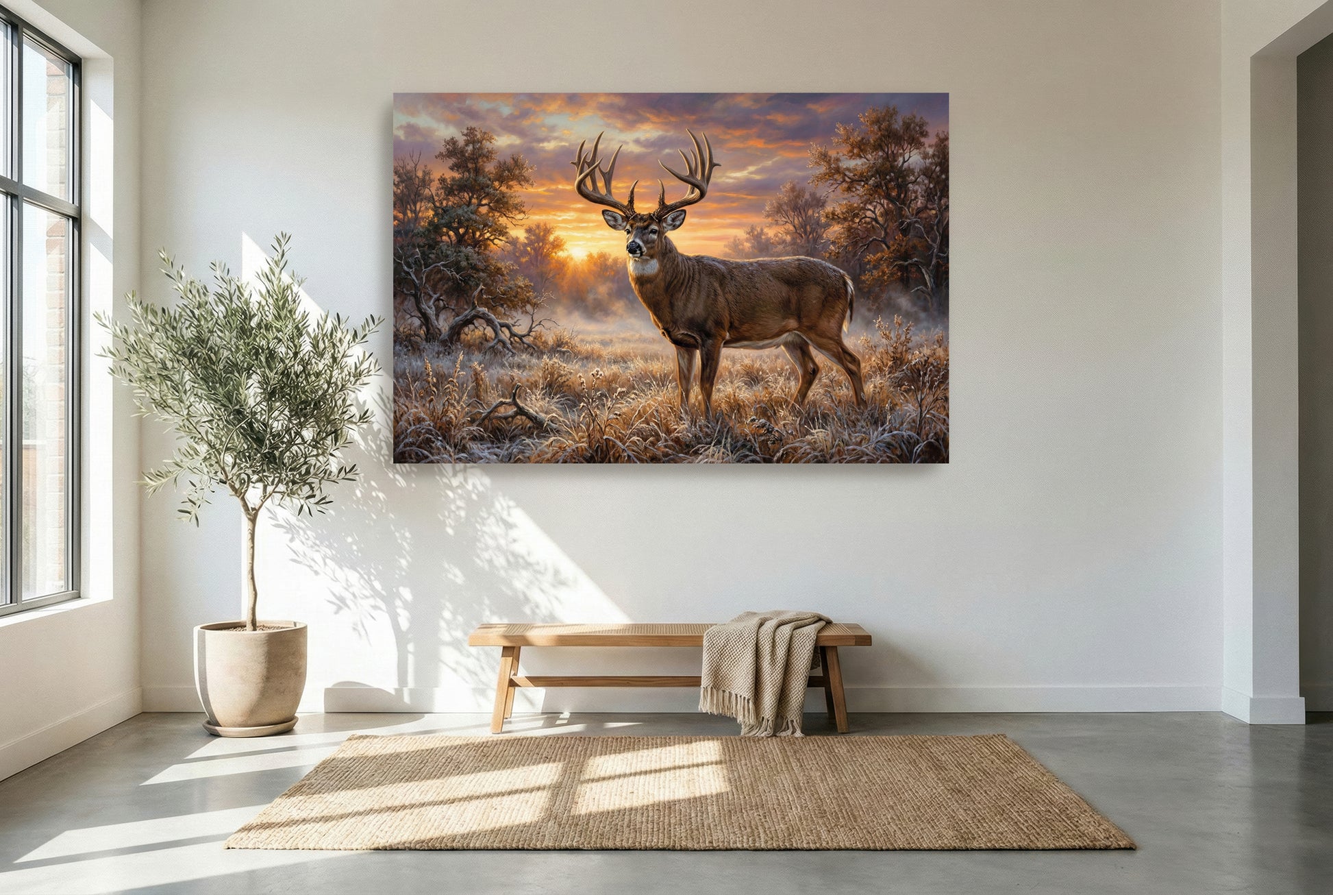 gallery wrapped canvas wildlife wall art of a big whitetail buck in a frosted field at first light