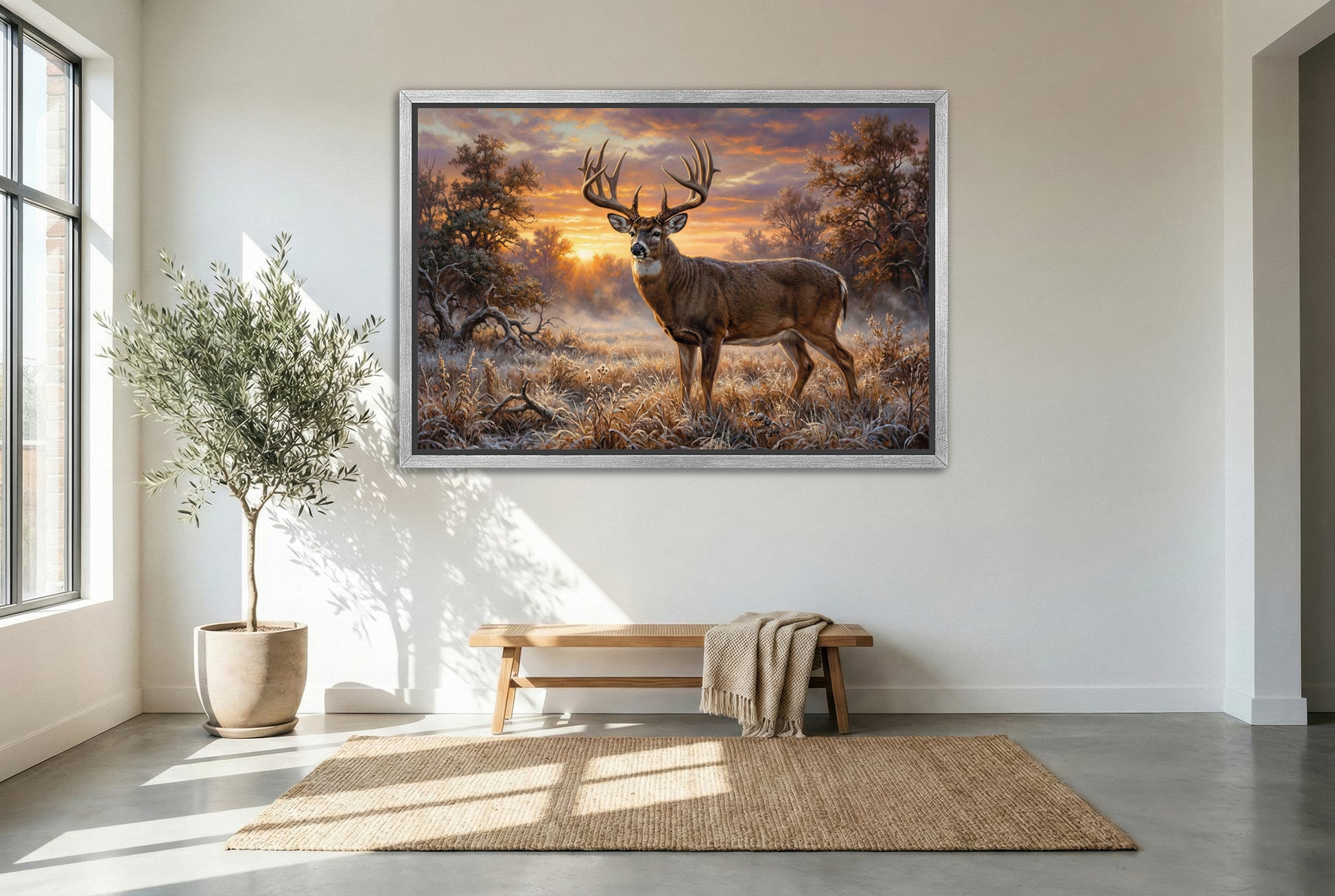 silver floating framed canvas big game artwork of a big whitetail buck in a frosted field at first light