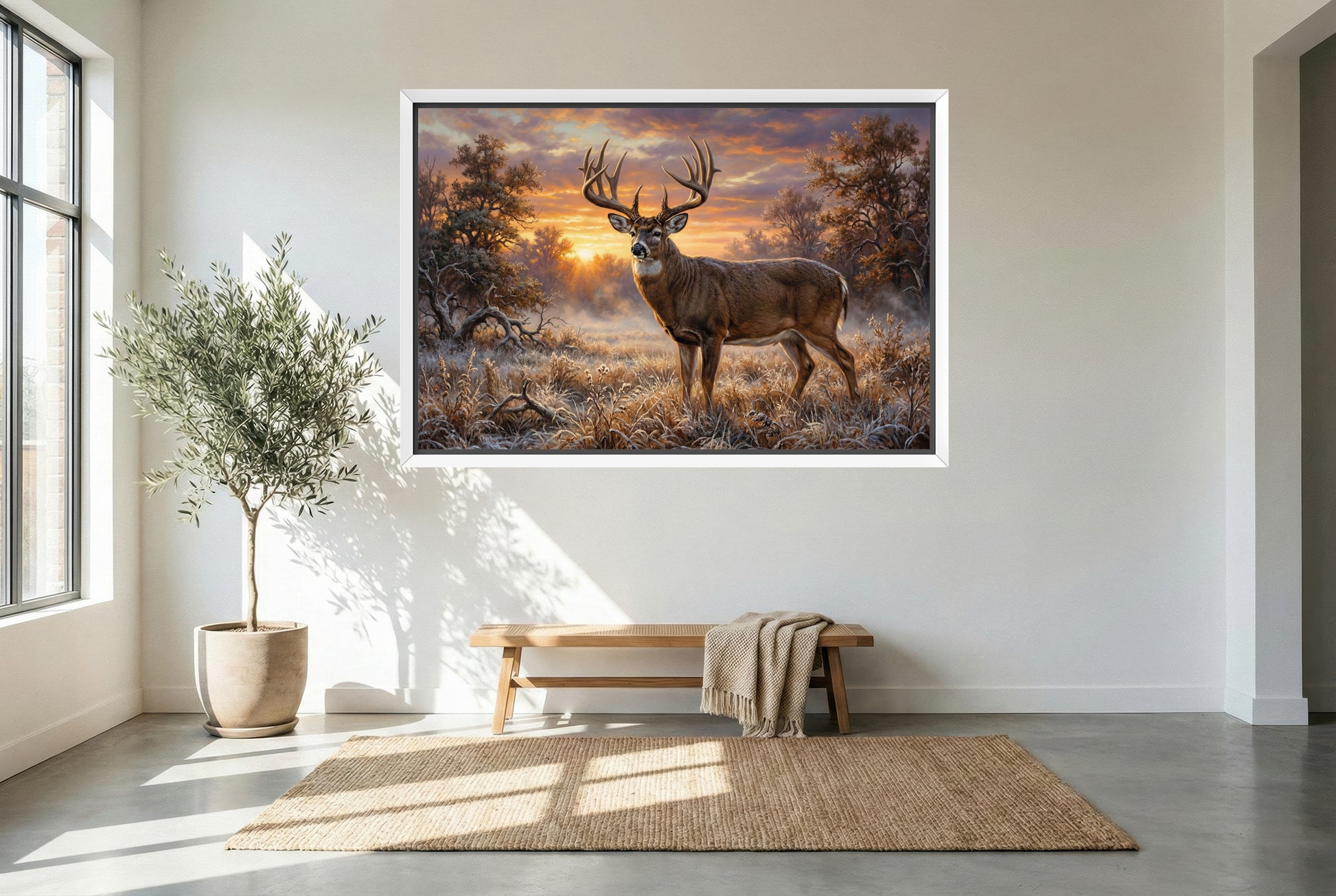 white floating framed canvas art of a big whitetail buck in a frosted field at first light