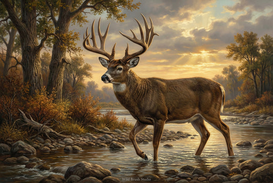 big whitetail buck river bed or creek crossing oil painting paper art print