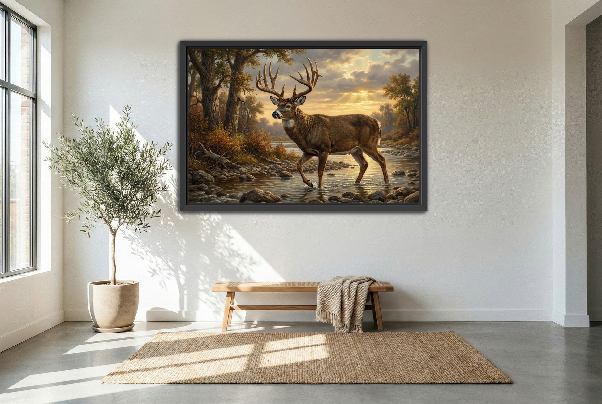 black floating framed canvas print featuring a big whitetail buck river bed or creek crossing