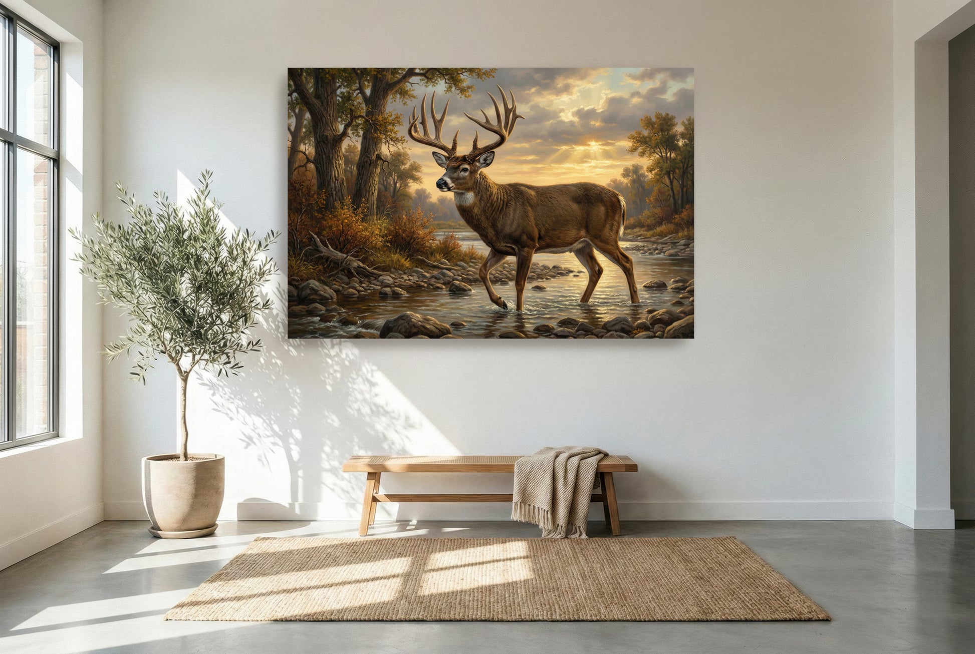 gallery wrapped canvas wildlife wall art of a big whitetail buck river bed or creek crossing