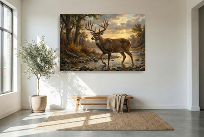 gallery wrapped canvas wildlife wall art of a big whitetail buck river bed or creek crossing