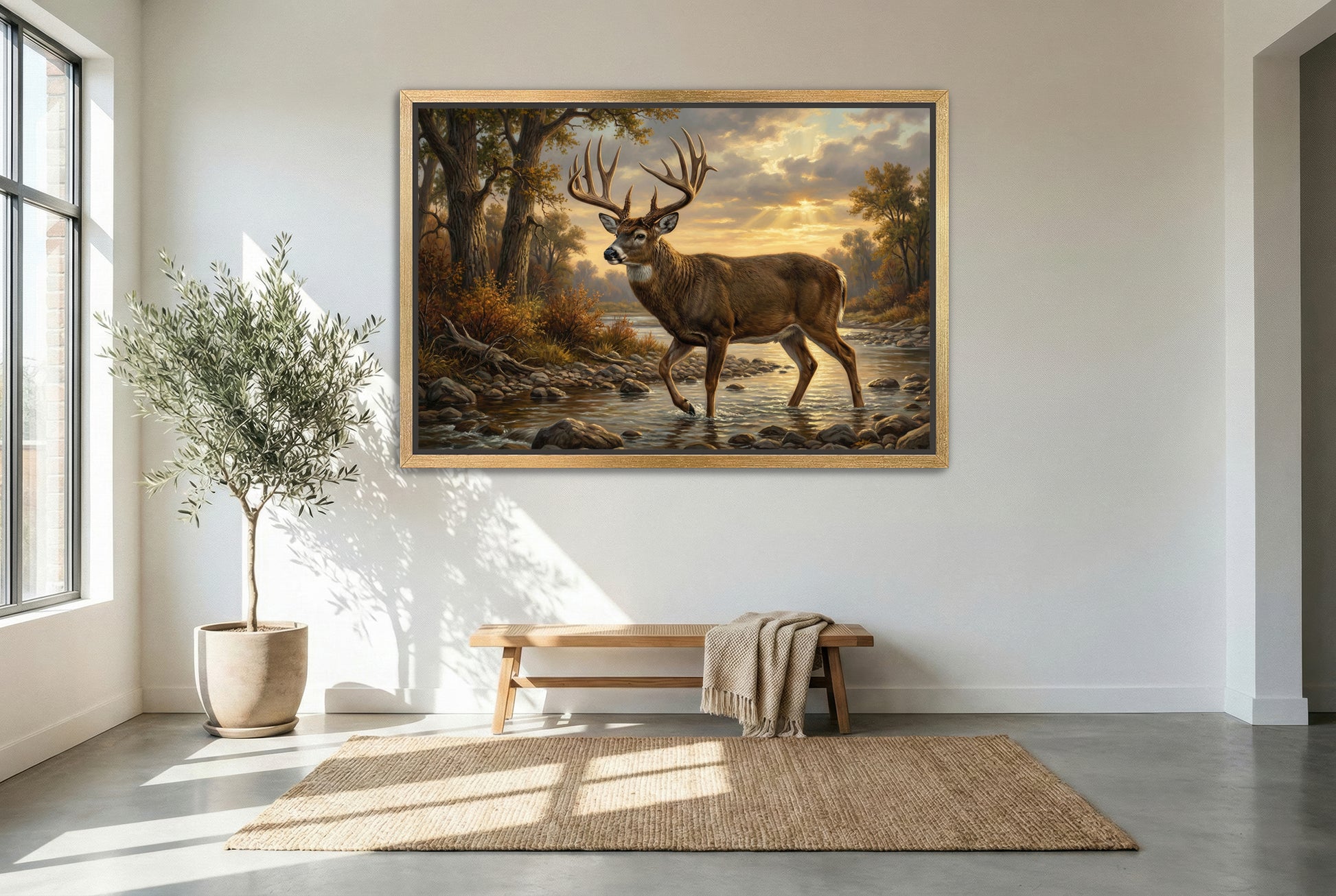 gold floating framed canvas trophy room art of a big whitetail buck river bed or creek crossing