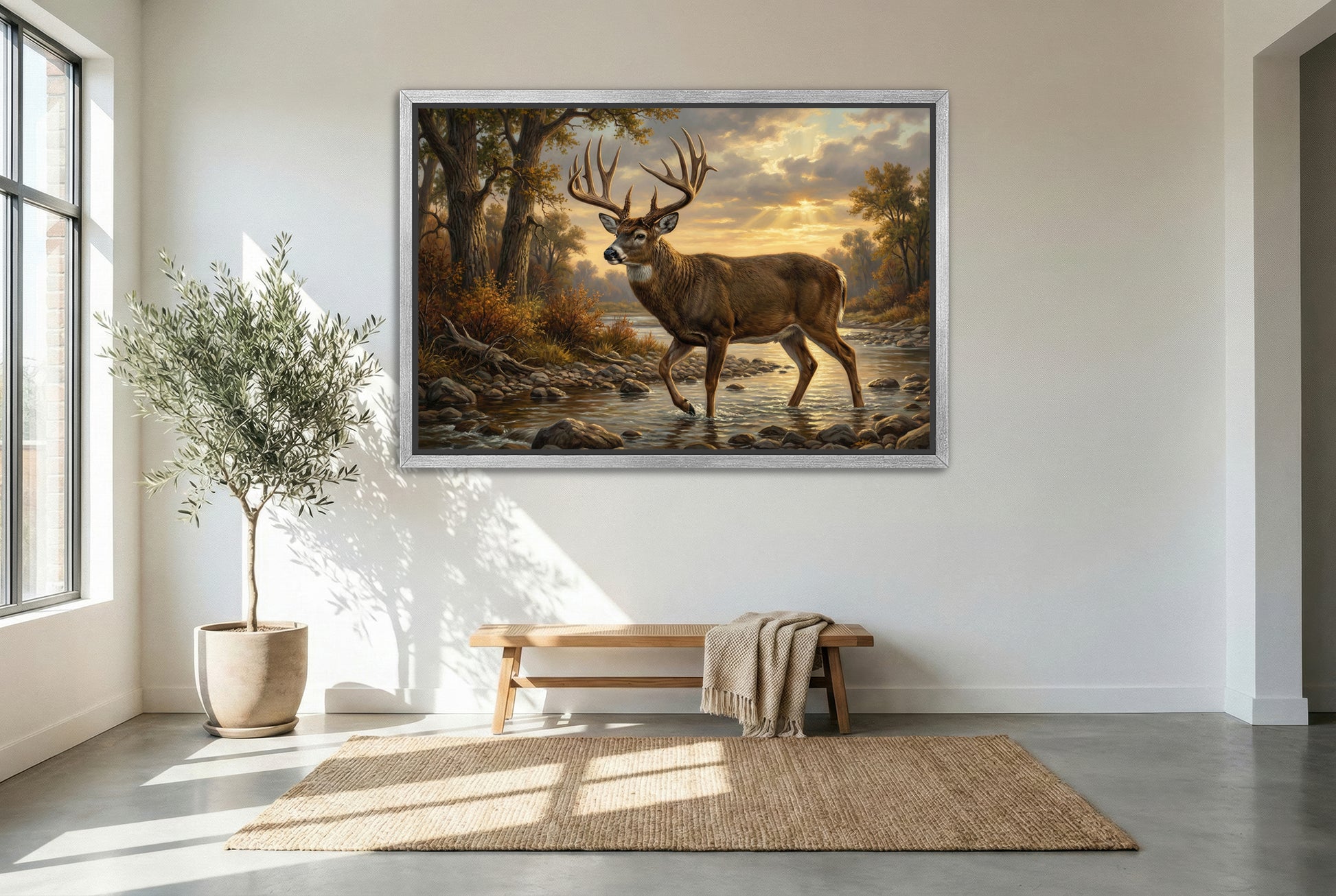 silver floating framed canvas big game artwork of a big whitetail buck river bed or creek crossing