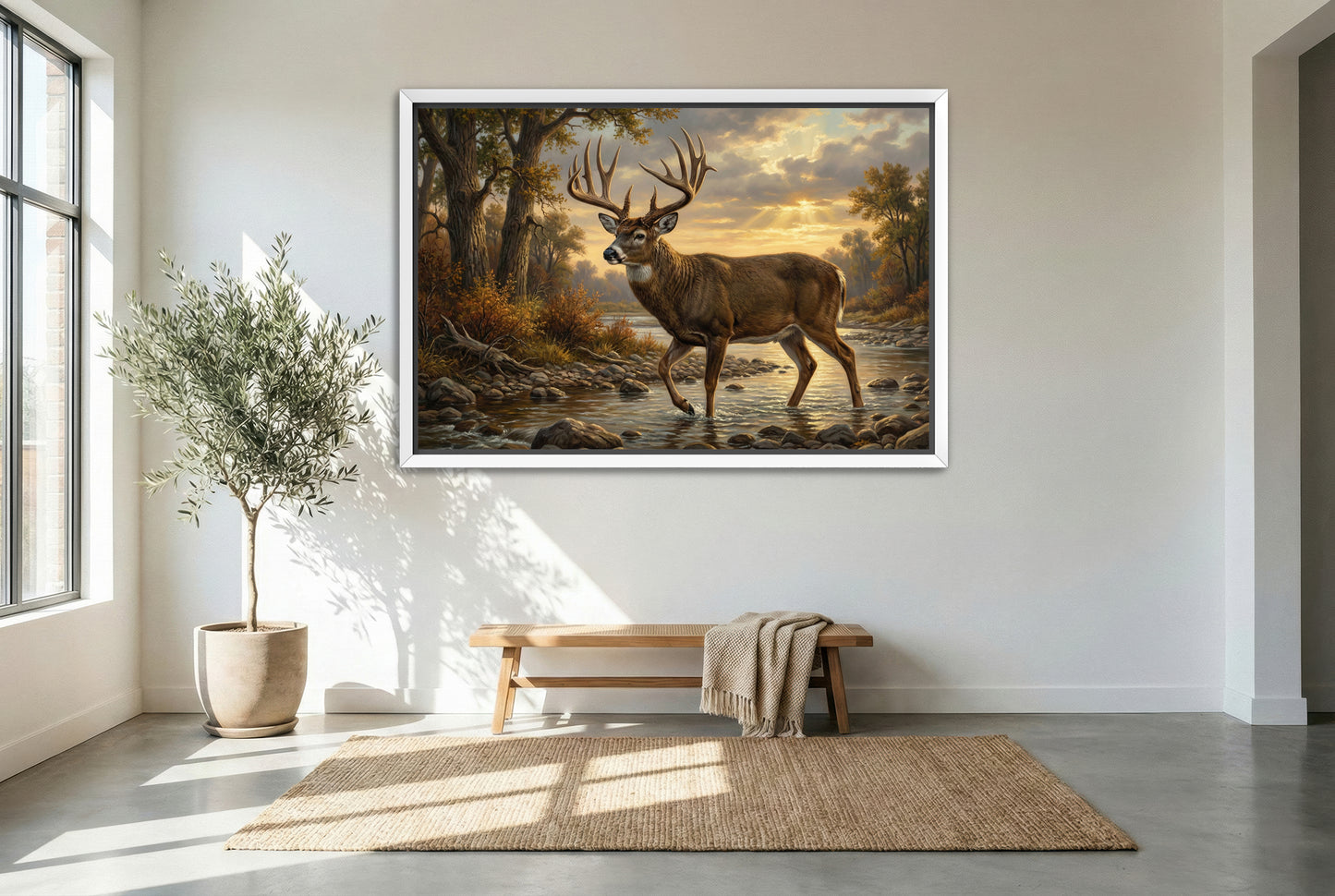 white floating framed canvas art of a big whitetail buck river bed or creek crossing